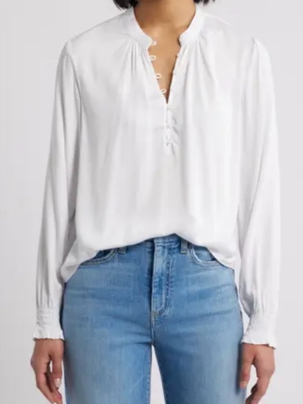 cloth & stone White Lace-Up V-Neck Long-Sleeve Blouse 100% tencel